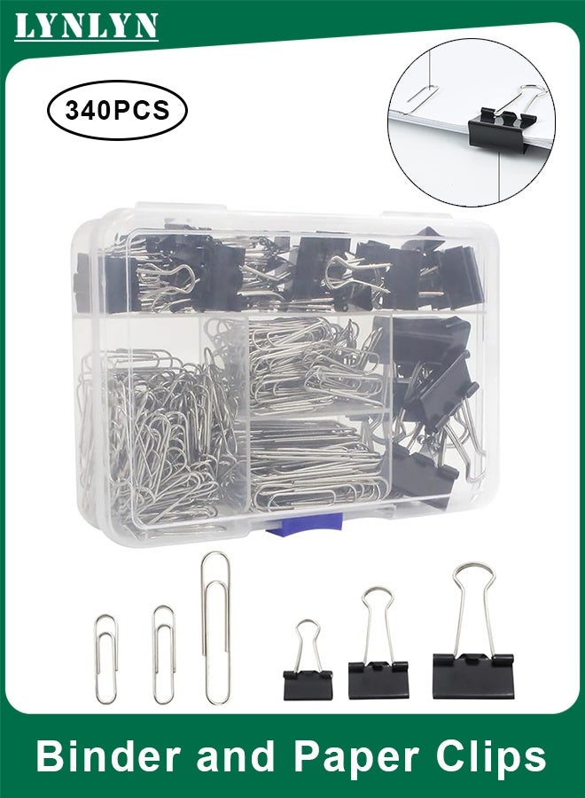 LYNLYN 340PCS Binder and Paper Clips Set, Assorted Sizes Metal Binder Clips and Paper Clips with Storage Box, Silver Paper Clips and Black Binder Clips for Home, School, and Office Supplies - Image 1